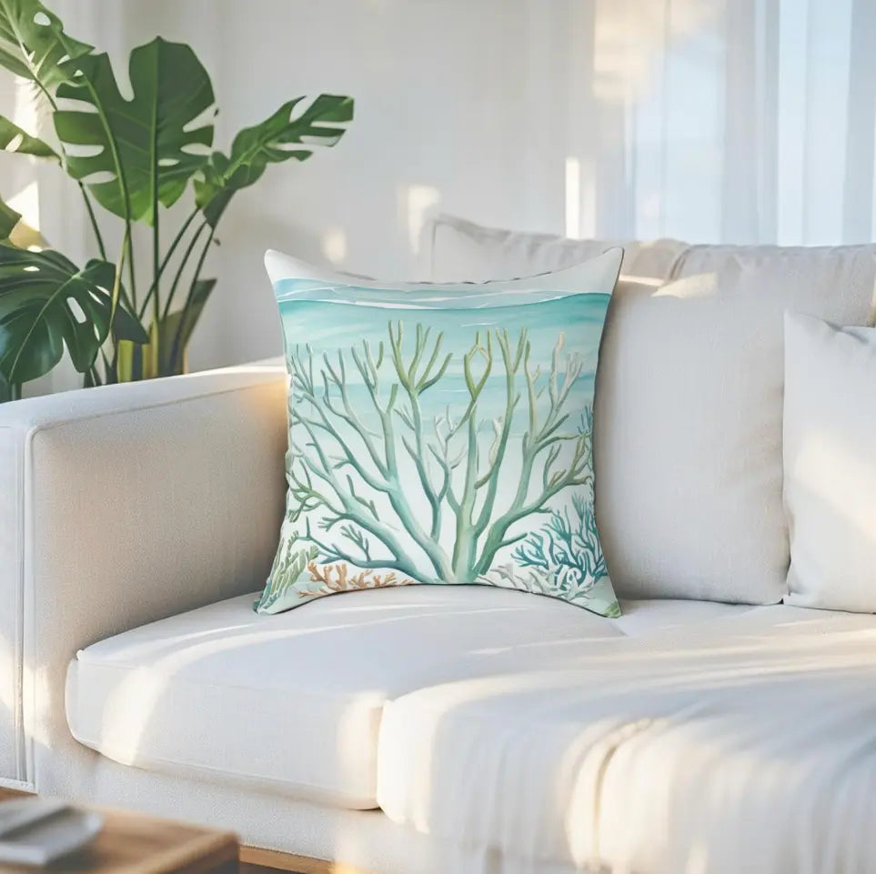 Coastal Reef Throw Pillow with turquoise coral reef motif adding serene maritime vibe to a light sofa.