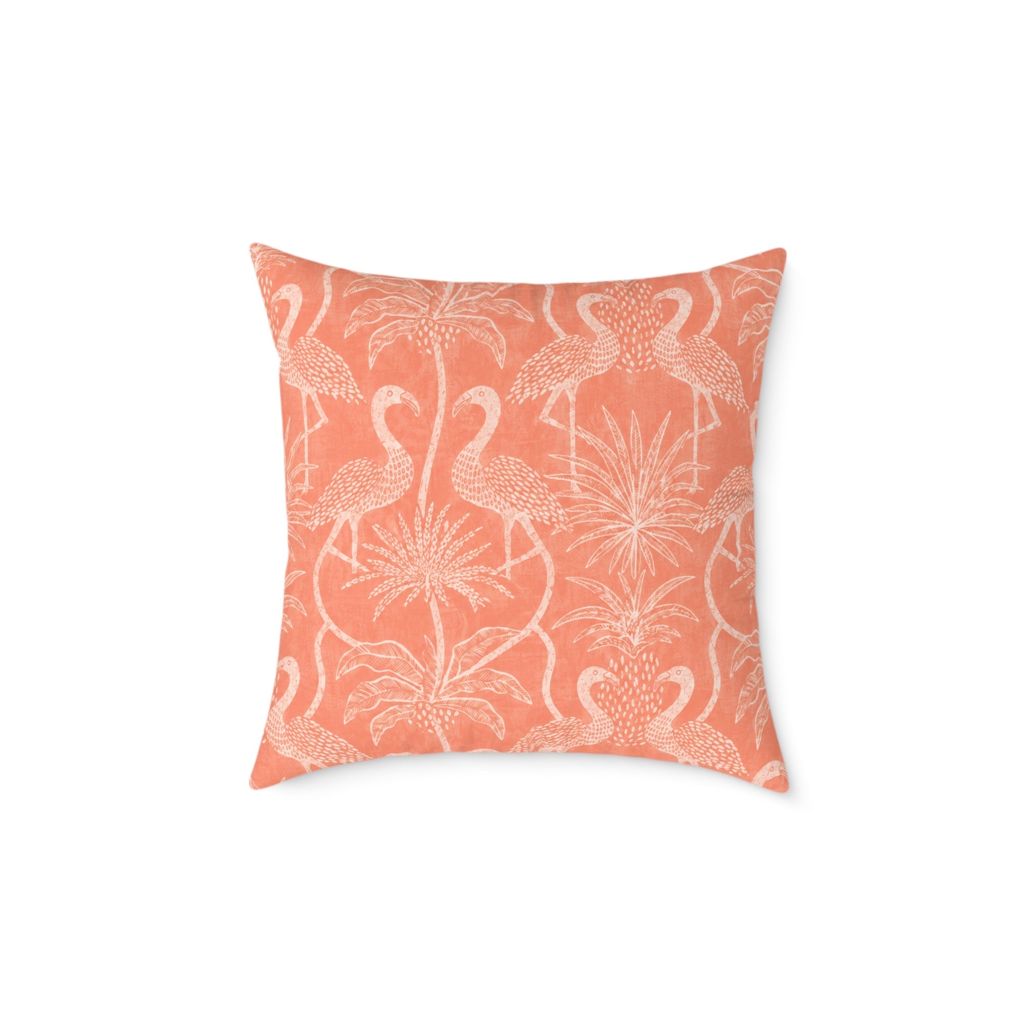Tropical flamingo throw pillow creating a vibrant focal point in a casual coastal seating area.