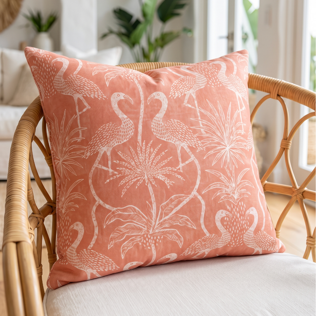 Coral pink square throw pillow with white flamingos, palm leaves, and tropical botanical motifs.