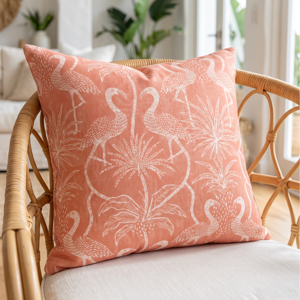 Coral pink square throw pillow with white flamingos, palm leaves, and tropical botanical motifs.