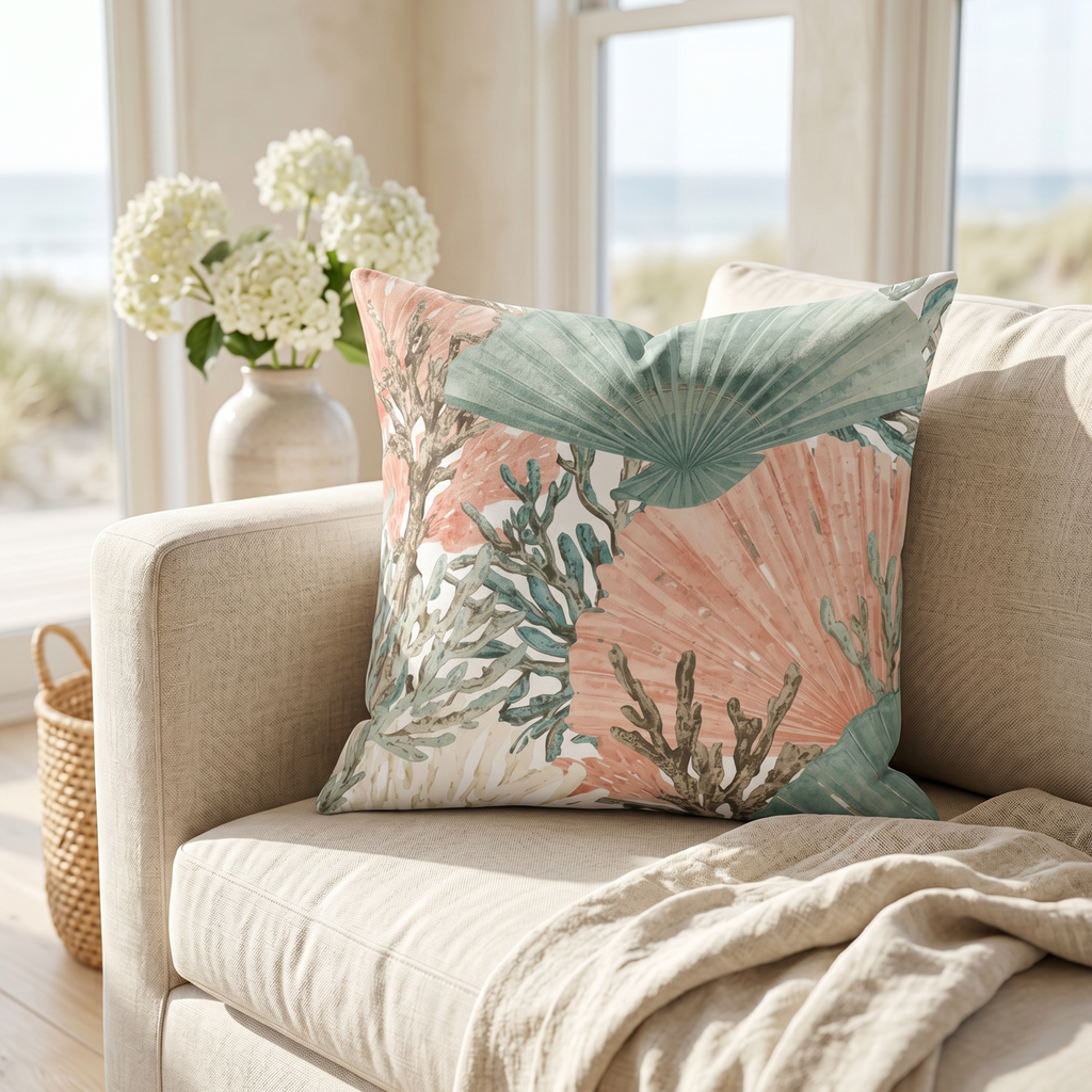 Coral salmon seashell throw pillow on a couch in a beach house style living room