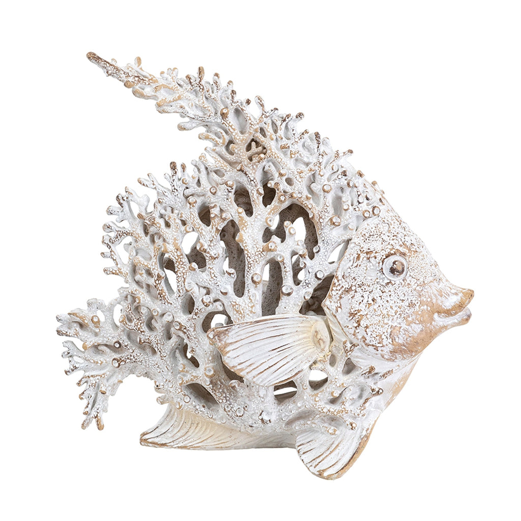 Close-up of the coral-like texture and distressed white finish of a polyresin fish sculpture.