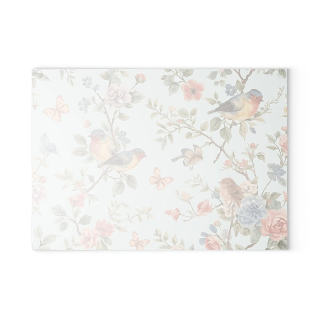 Meadow Glass Cutting Board featuring Floral Songbird design with pastel watercolor flowers and birds.