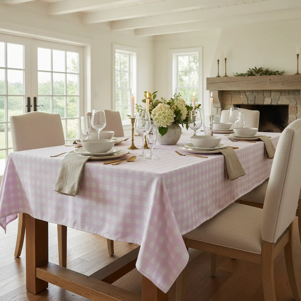 Pink and white gingham tablecloth styled for a bright summer table setting