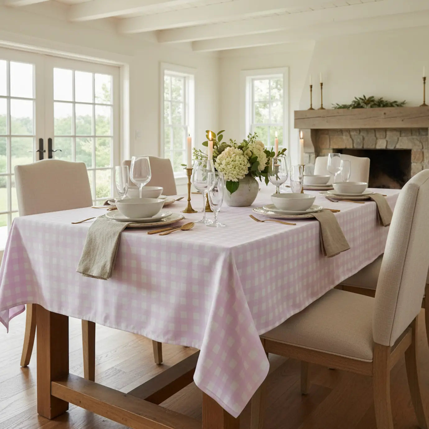 Pink and white gingham tablecloth styled for a bright summer table setting