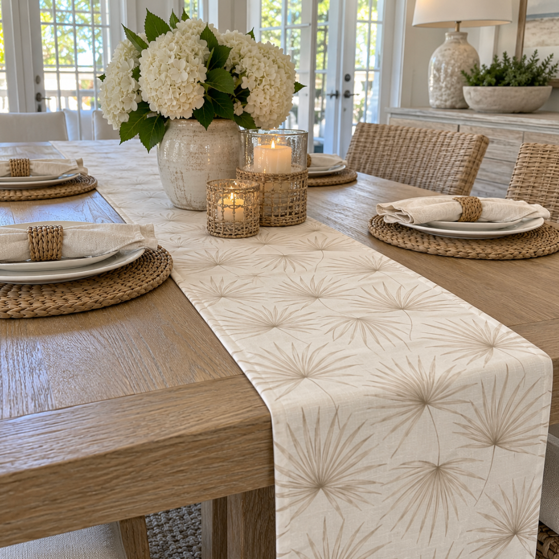 Cream and beige botanical table runner creating an elegant neutral tablescape.
