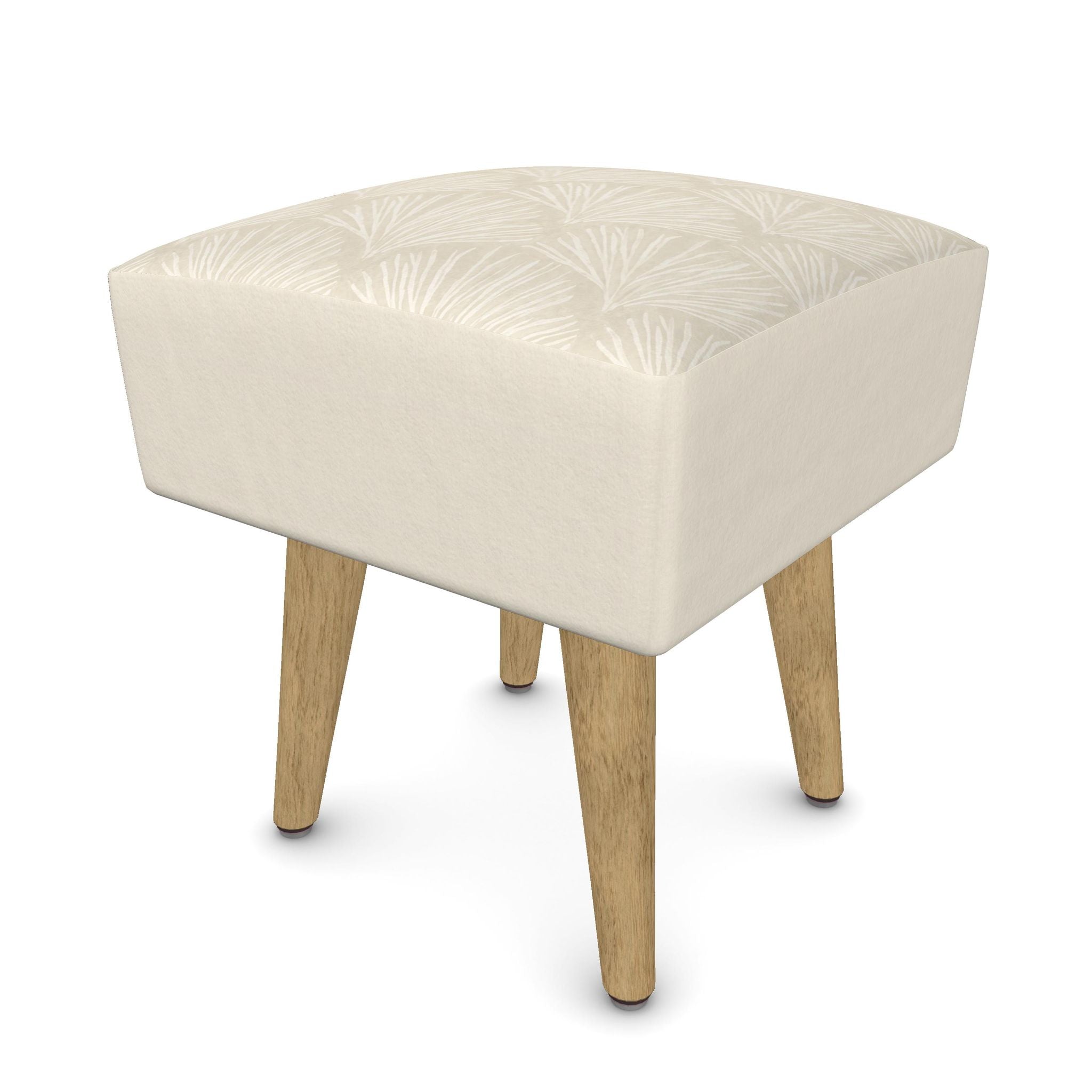 Cream square upholstered ottoman with a tone-on-tone white coral reef pattern on the padded seat and natural wood legs.