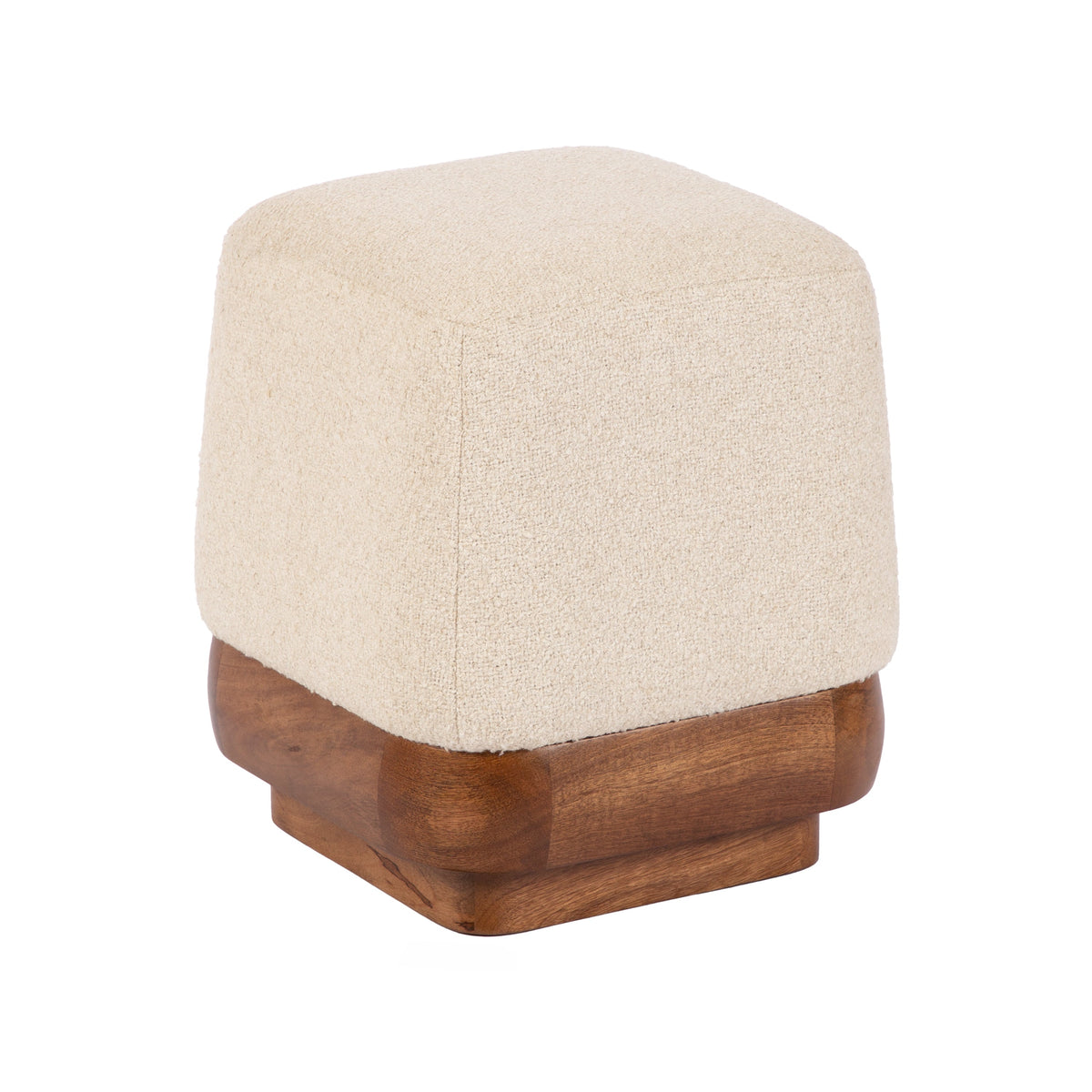 Cream textured ottoman with a wood base in a coastal-inspired home