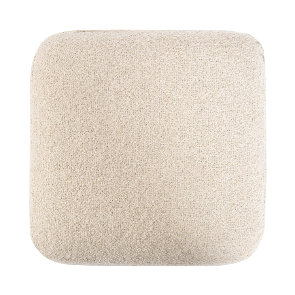 Cream upholstered square ottoman with a natural wood base