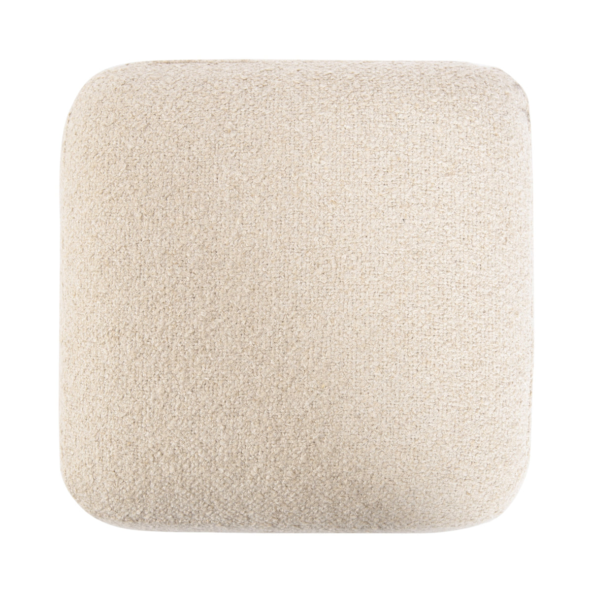 Cream upholstered square ottoman with a natural wood base