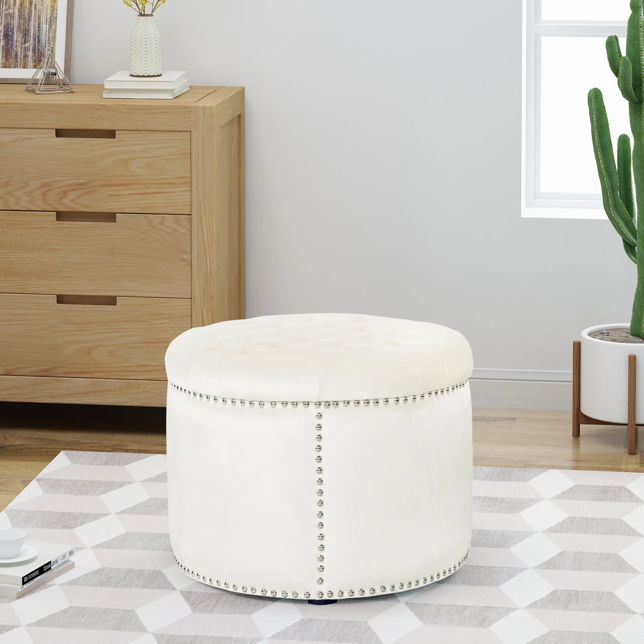 Cream Velvet Round Ottoman HouseOfZazla