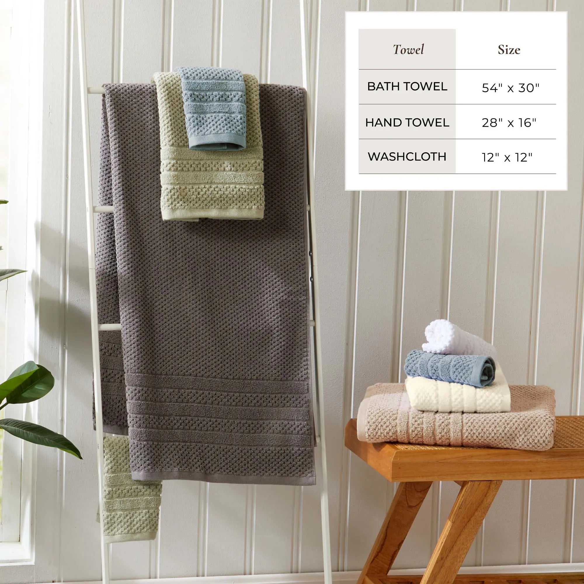 Bath towel set by Great Bay Home Giuliana, 100% cotton jacquard checkered towels in taupe, cream, and blue