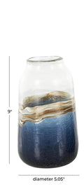 Small dark blue abstract swirl glass vase with textured base and ocean-inspired design (9")