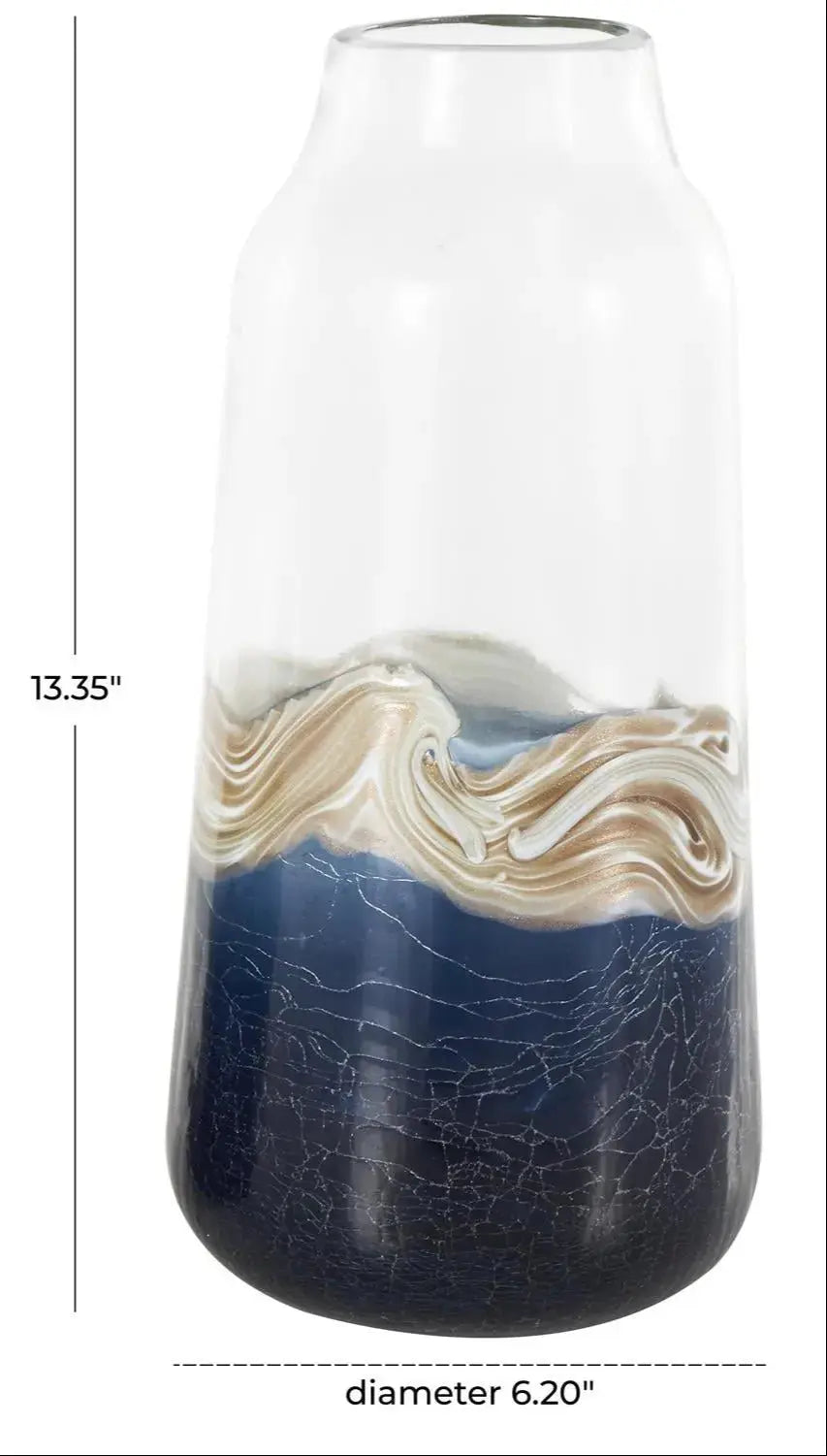 Dark blue textured swirl glass vase with gold and cream accents, coastal modern decor (large 13.35")