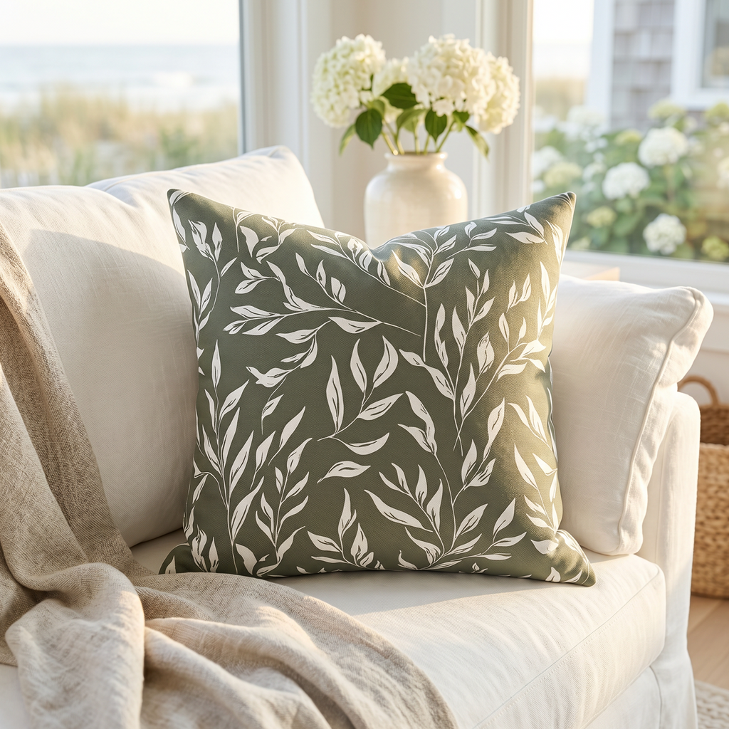 Dark green and white floral print square throw pillow cover for modern coastal living room or bedroom decor