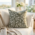 Dark green and white floral print square throw pillow cover for modern coastal living room or bedroom decor