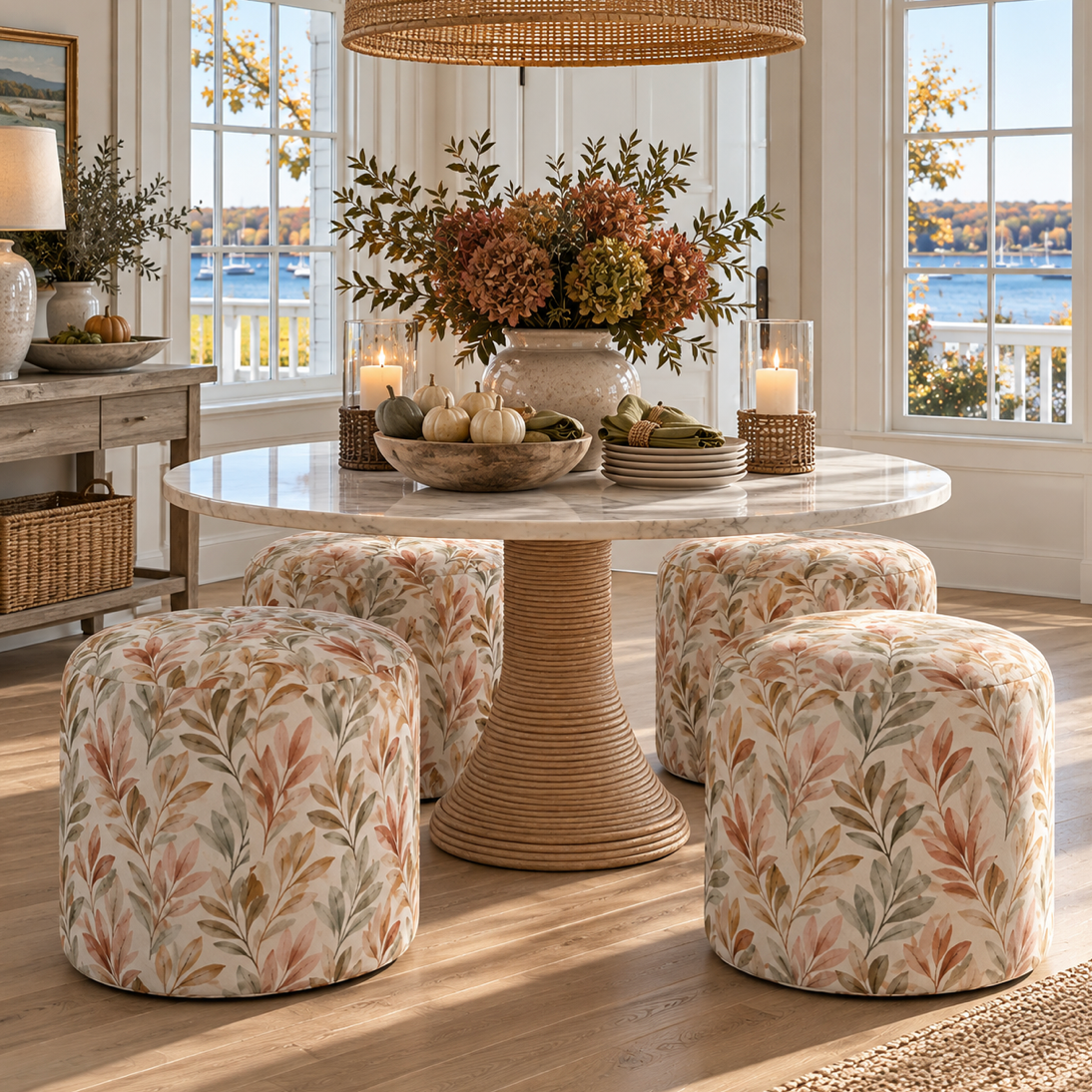 Decorative upholstered ottoman with a colorful leafy pattern for a bright, elegant home.
