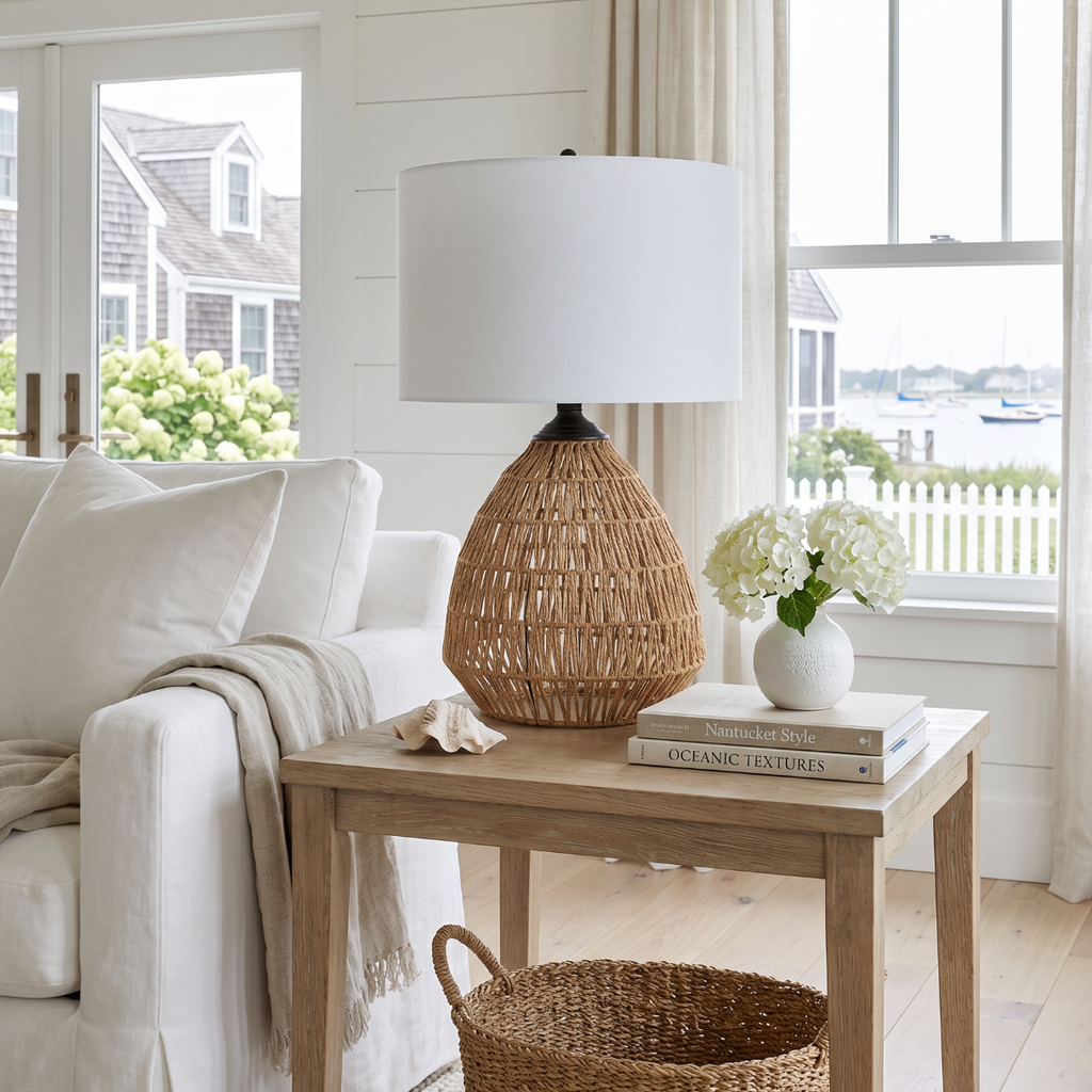 Beachy woven lamp with a natural fiber texture for tabletop decor.