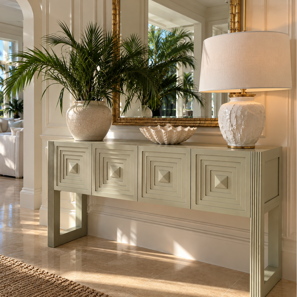 Modern carved console table displayed in an elegant coastal living room.