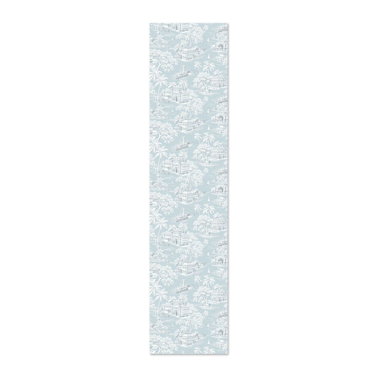 Designer-inspired blue toile wallpaper with delicate white illustrations on a soft blue background.