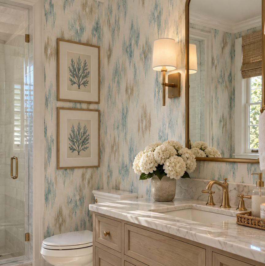 Designer-inspired coastal wallpaper featuring muted blue and warm neutral patterning.