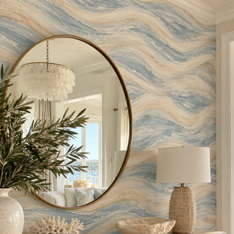 Seamless watercolor ocean wave wallpaper pattern in muted blue and cream.