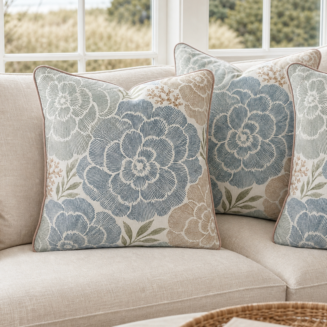 Designer-look coastal blue floral pillow that brings polished botanical style to a sofa or bed