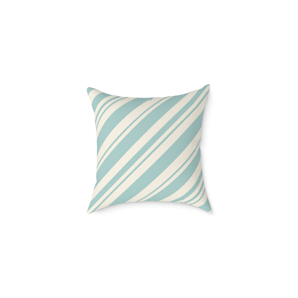 Square diagonal striped throw pillow in seafoam blue and cream with a double-sided print