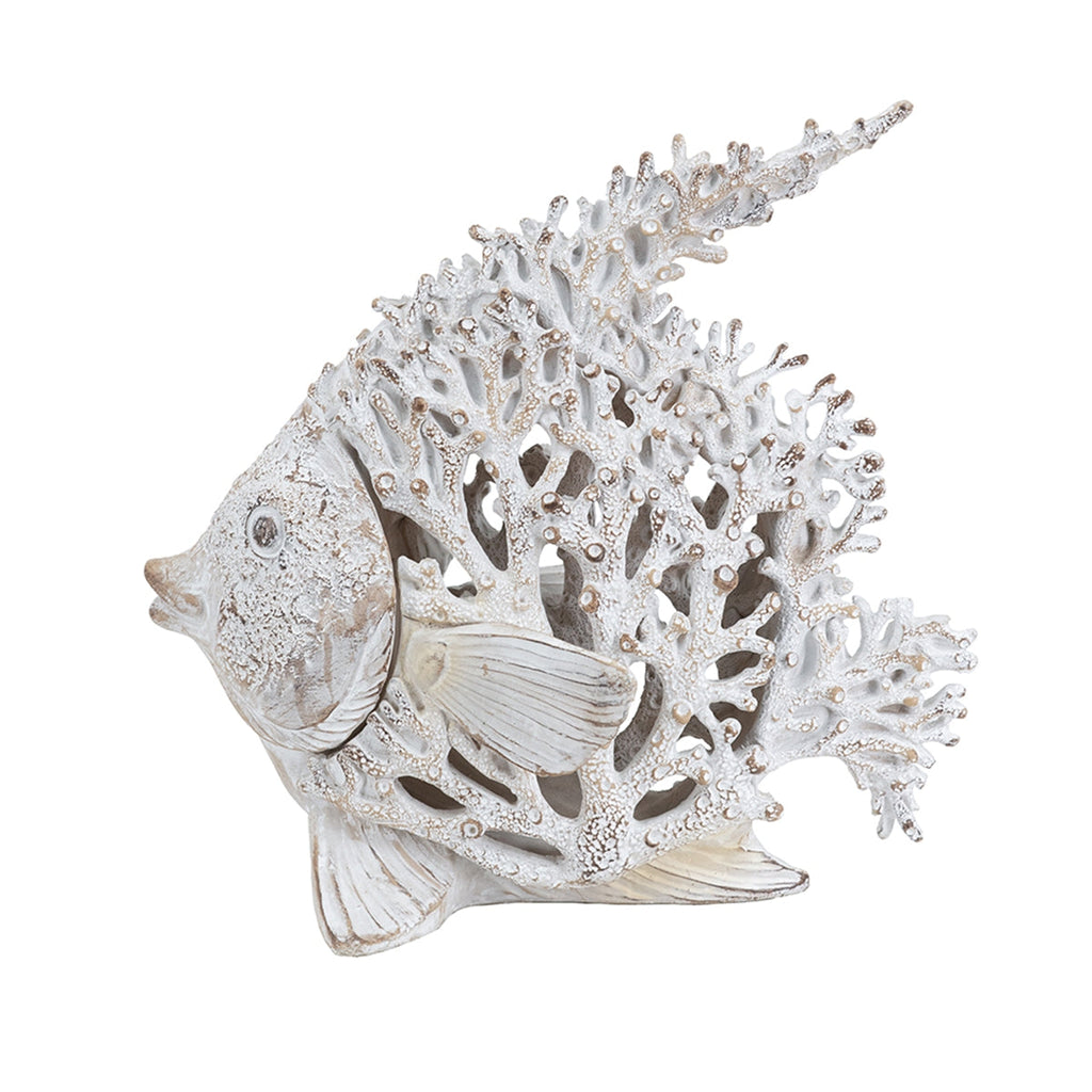 Distressed white angelfish sculpture with beige accents and intricate coral-inspired texture.