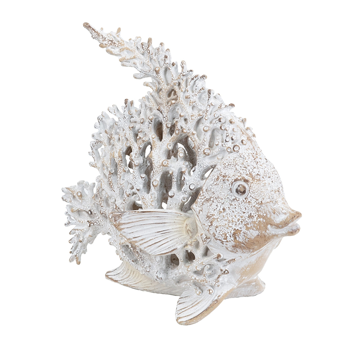 Distressed white fish sculpture styled on a shelf with neutral coastal accessories.