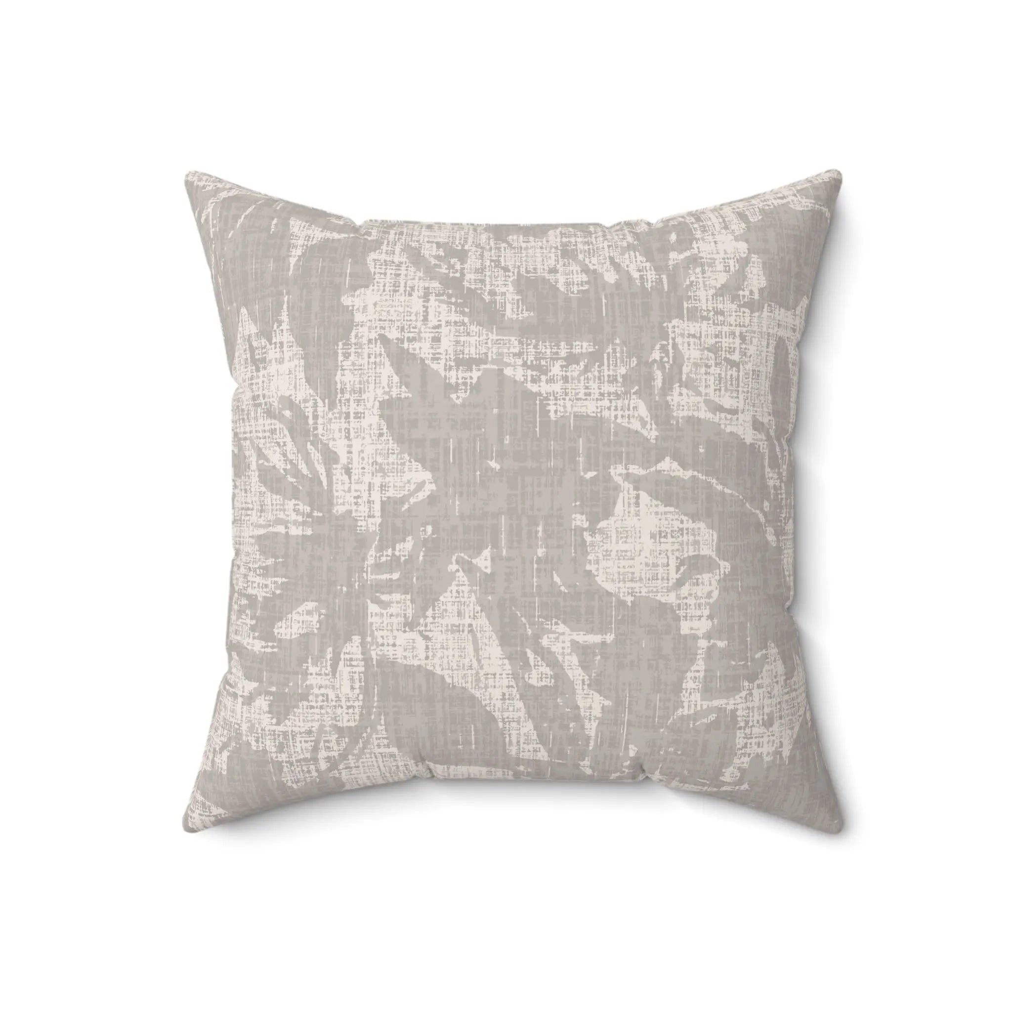 Stoneleaf Throw Pillow with a neutral abstract leaf pattern on a square decorative cushion.