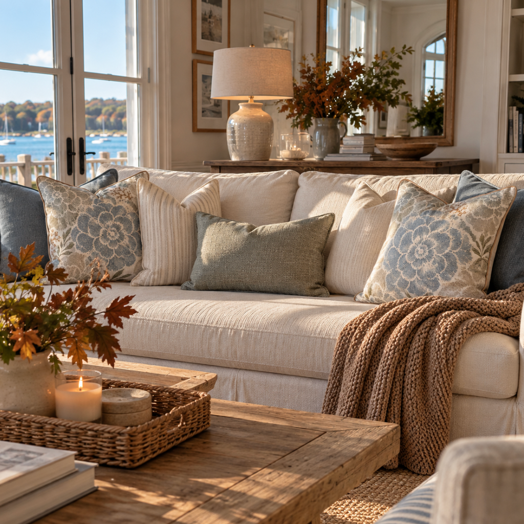 Dusty blue floral throw pillow with tan piping on a cream textured sofa