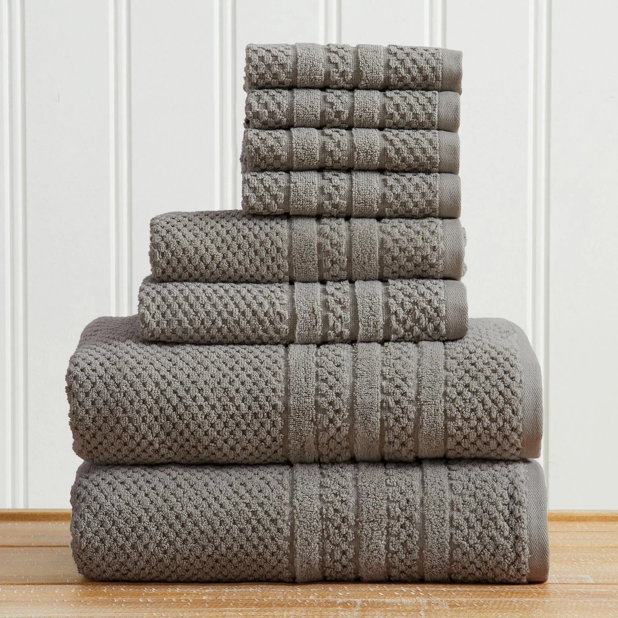 100% cotton bath towel set in taupe-gray checkered jacquard weave