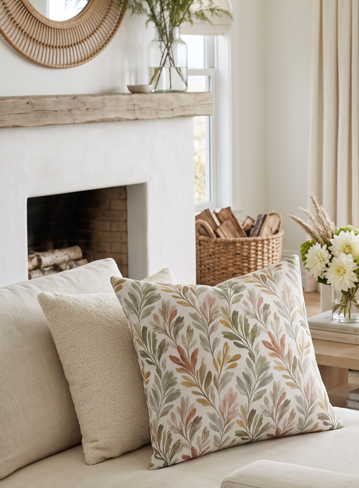 Sage green and terracotta botanical pillow adding warm fall color to neutral coastal home décor.