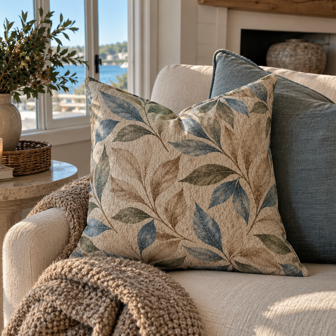 Earth tone botanical pillow in blue, green, and tan for a coastal living room