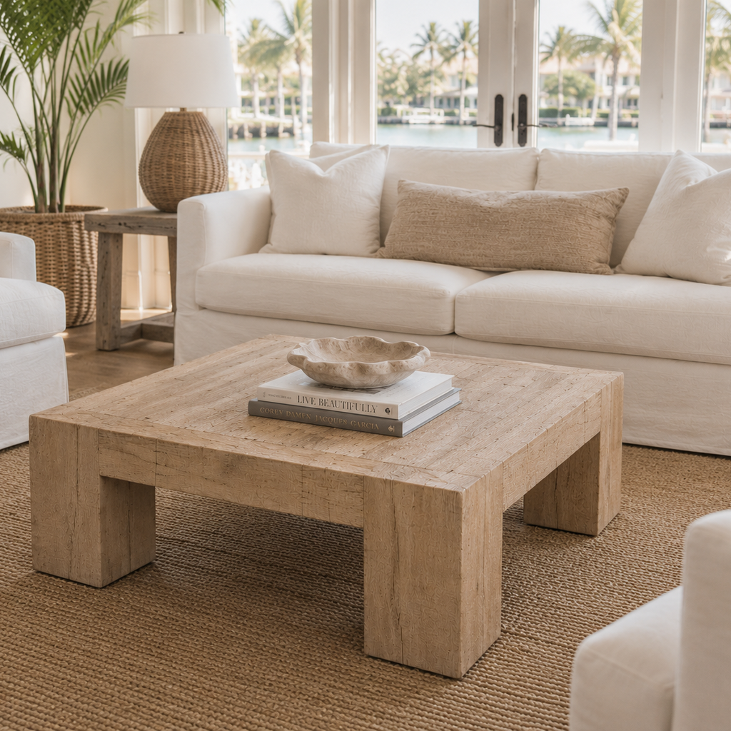 31-inch square teak coffee table with a light natural finish for coastal and organic modern interiors.