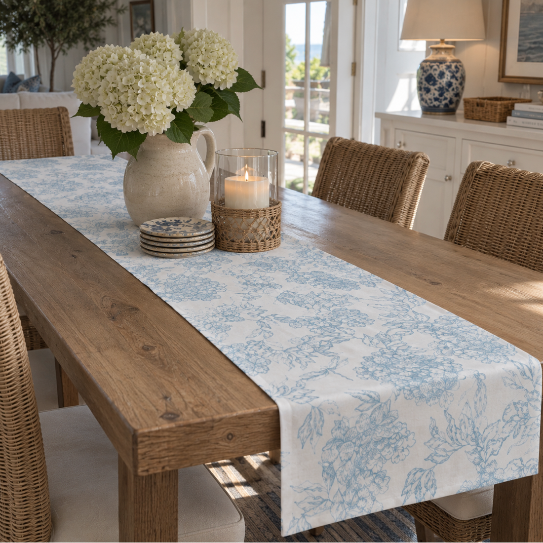 Elegant blue hydrangea table runner with a refined botanical toile pattern