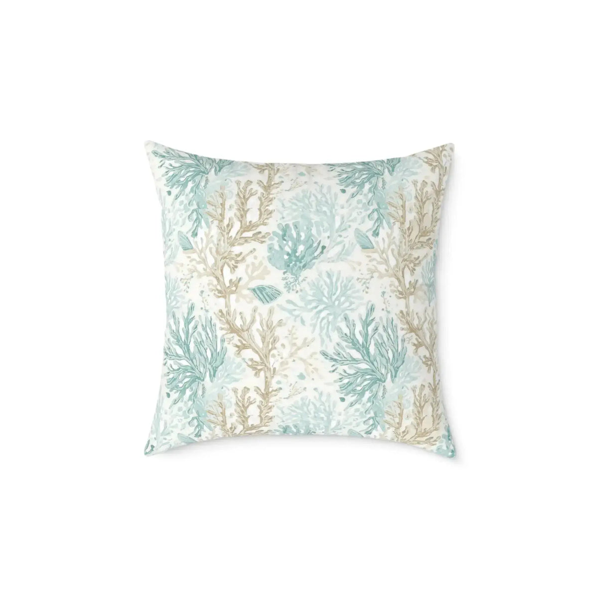 Elegant coastal throw pillow with a decorative aqua and tan coral pattern.