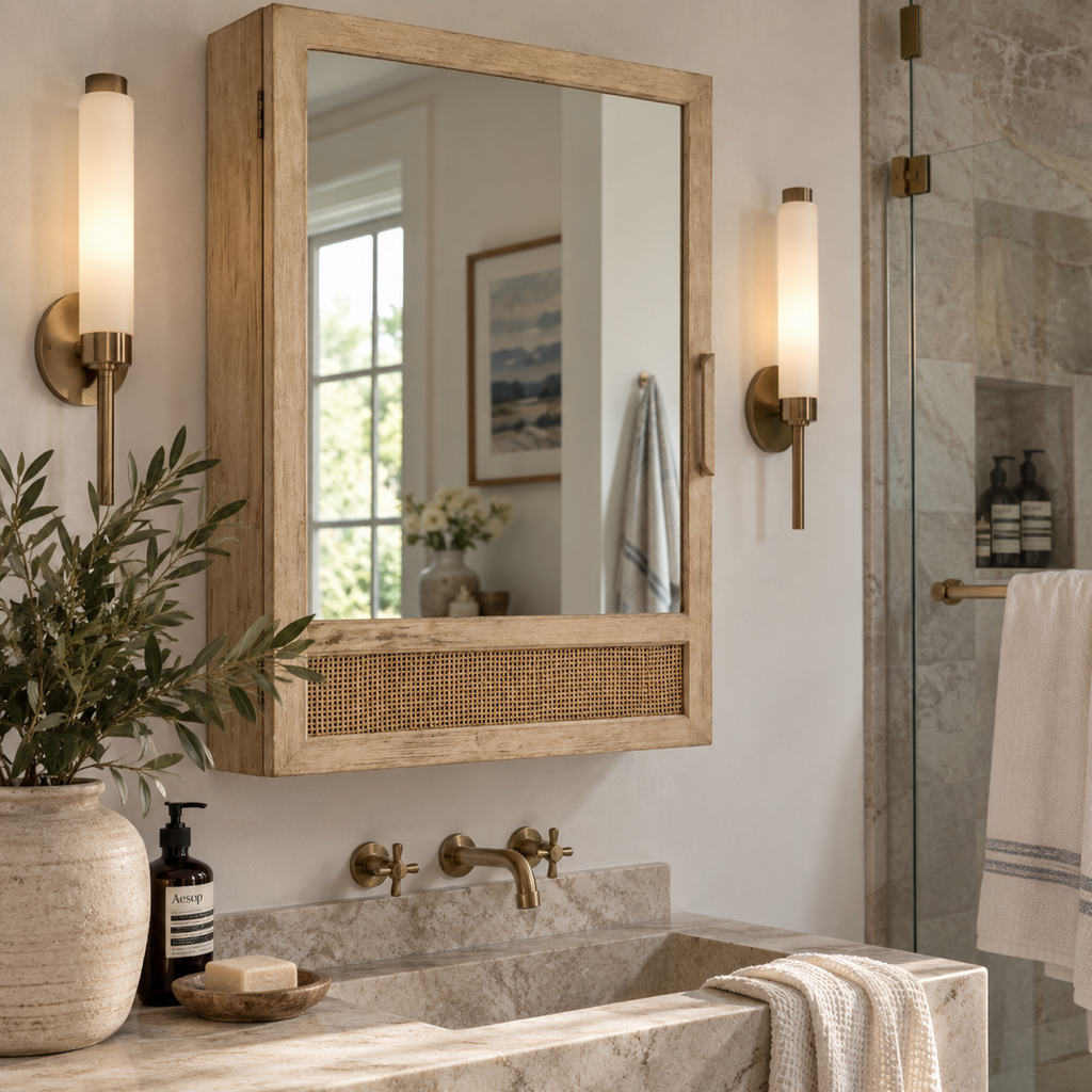 Elegant coastal mirror medicine cabinet with natural wood, woven rattan, and hidden bathroom storage