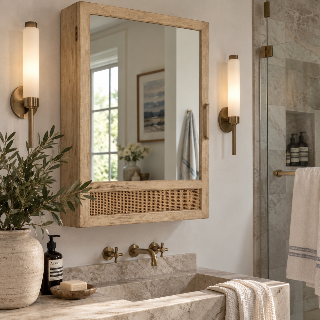 Elegant coastal mirror medicine cabinet with natural wood, woven rattan, and hidden bathroom storage