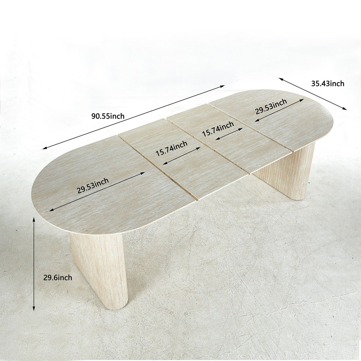 Elegant coastal oval dining table with a natural wood finish and softly fluted double pedestal base