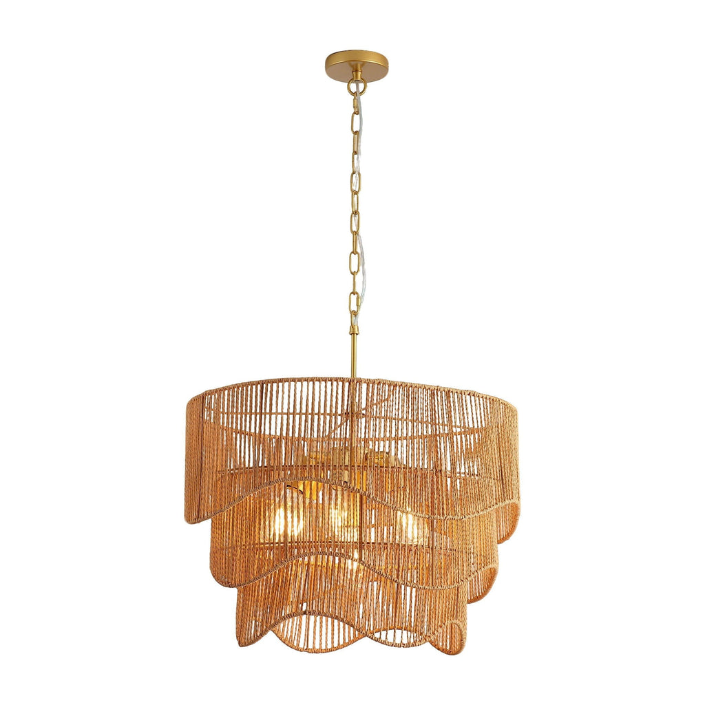 Elegant coastal rattan chandelier with a large sculptural scalloped woven shade
