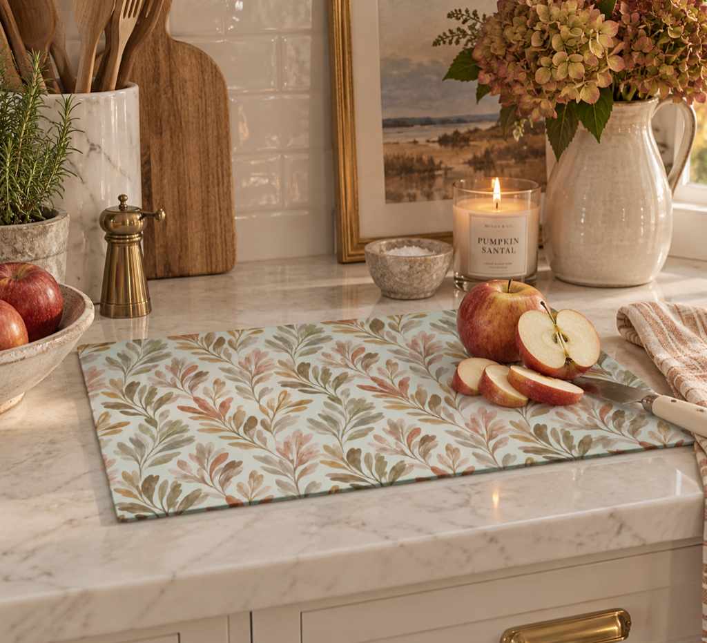 Elegant fall glass cutting board for Thanksgiving decor
