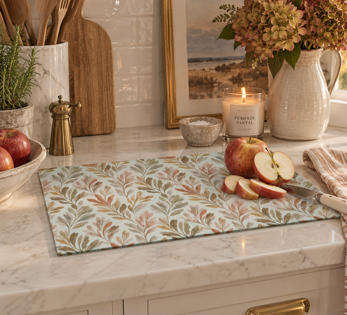 Elegant fall glass cutting board for Thanksgiving decor