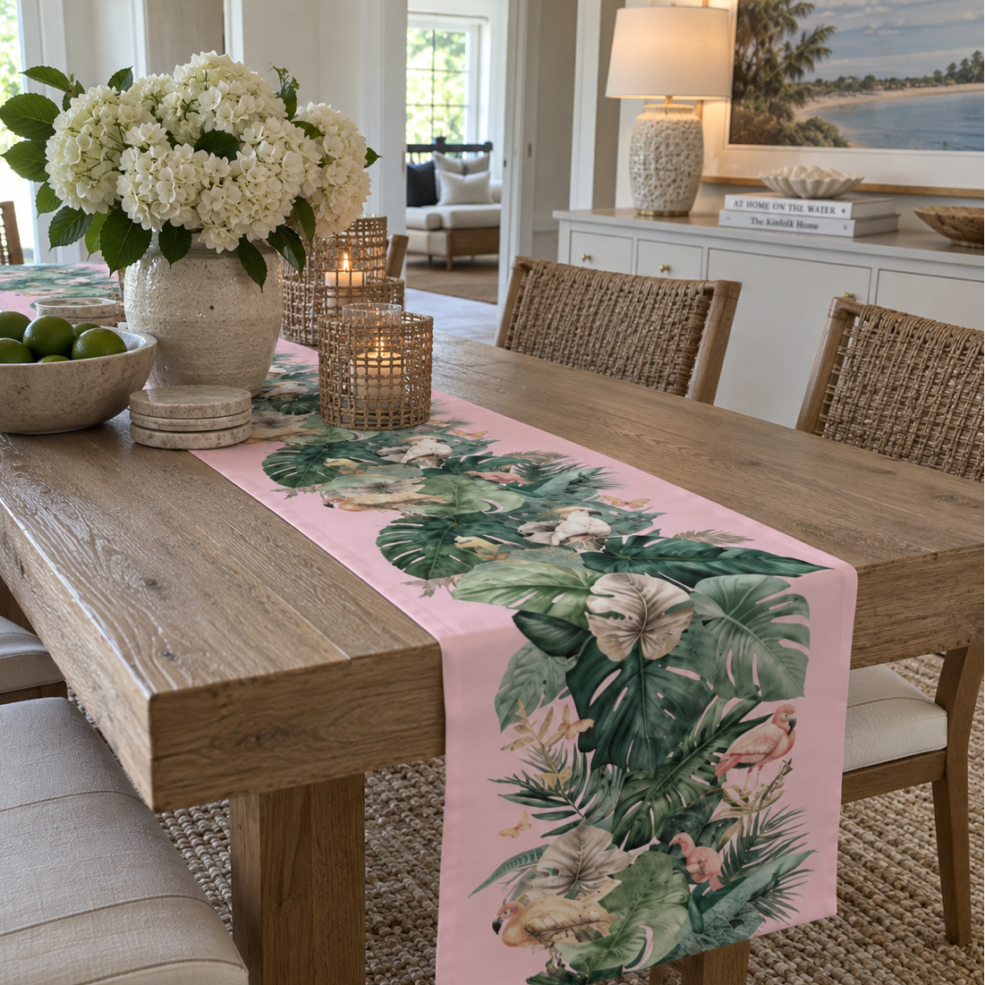 Elegant flamingo tropical table runner with blush pink, deep green, and soft coral botanical details