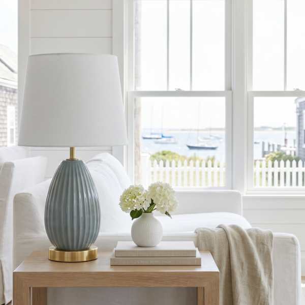 Light blue table lamps set of 2 with white shades and a serene coastal look.

