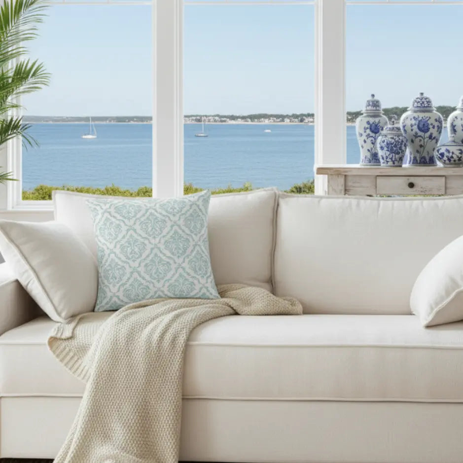 Valencia Damask Throw Pillow with soft aqua pattern on white sofa beside coastal decor.