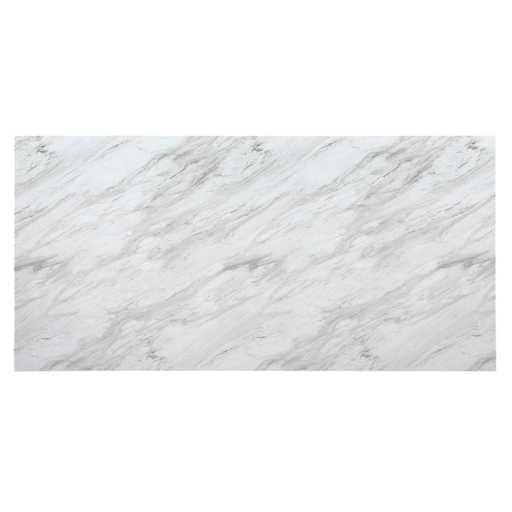 Elegant marble pedestal dining room table with a crisp white rectangular top and structured bases