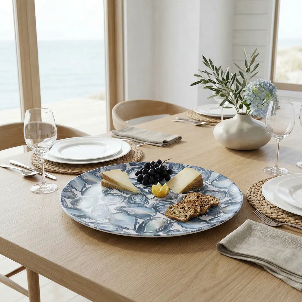 Oyster Serving Tray centerpiece for elegant oyster presentation at a coastal dinner table.