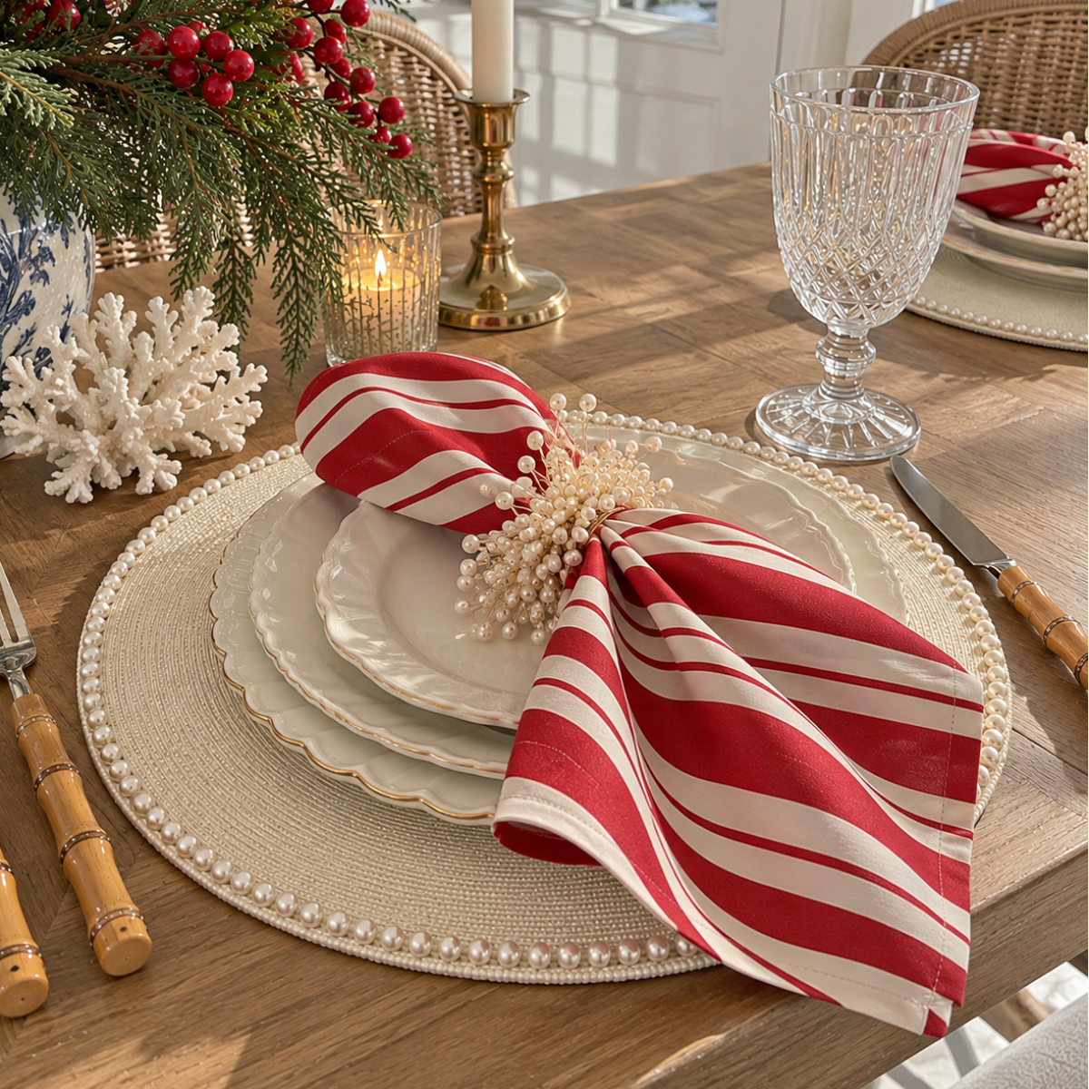 Elegant table placemats featuring delicate pearl trim for refined dining.